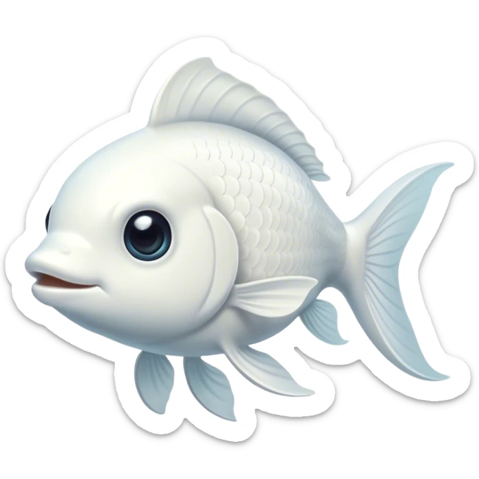 Cinematic Noble White Goldfish Portrait Emoji, Poised and regal, with a sleek, streamlined build and a luminous, pure white body, deep-set soulful pale eyes, Simplified yet sharp and sophisticated features, highly detailed, glowing with a soft, dignified glow, high shine, intelligent and graceful, stylized with an air of aquatic purity, focused and attentive, soft glowing outline, capturing the essence of a watchful and confident aquatic companion, so majestic it feels as though it could glide out of the screen with effortless authority! sticker