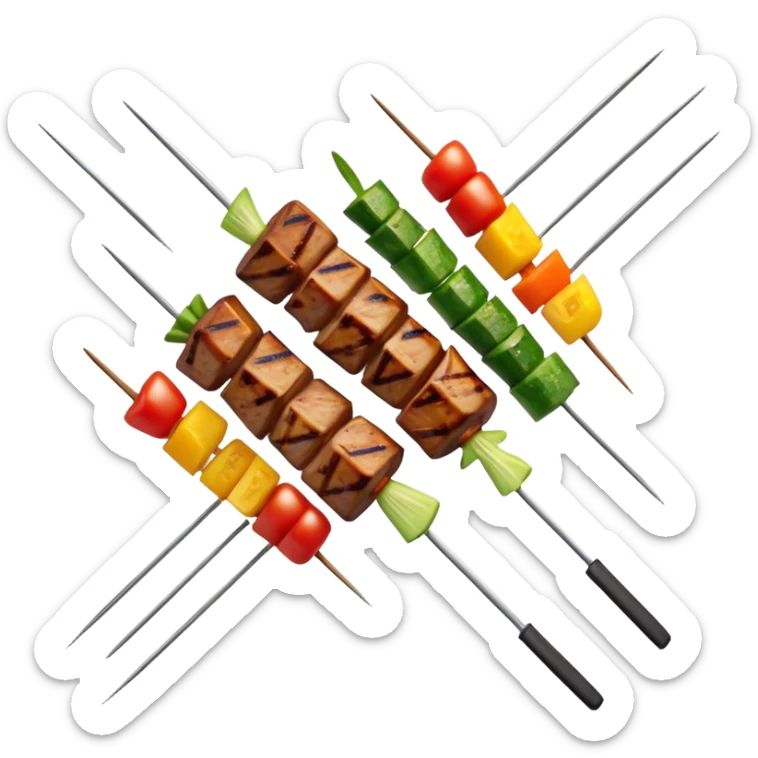 Cinematic Realistic Shish Kebab Dish Emoji, showcasing skewered, grilled meat with vibrant vegetables rendered with dynamic textures and warm, inviting lighting. sticker