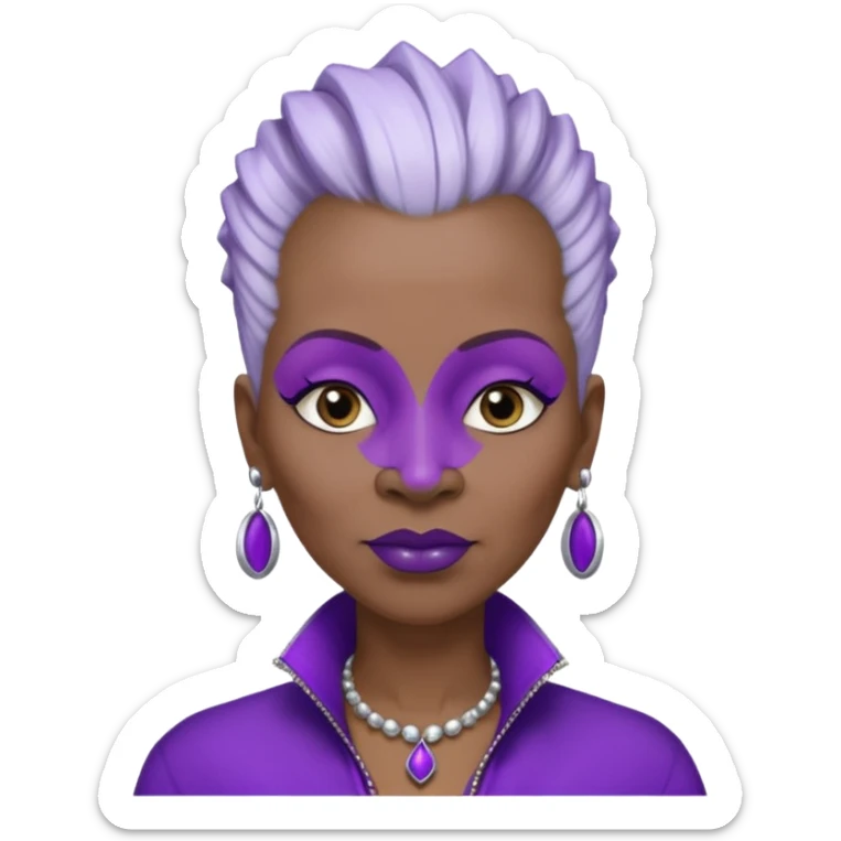 57yr old Qeen black woman with a long shaped face with white colored  natural hair mohawk style haircut adorning purple royalty clothing and purle lipstick, with a nose studs on each nostril  sticker