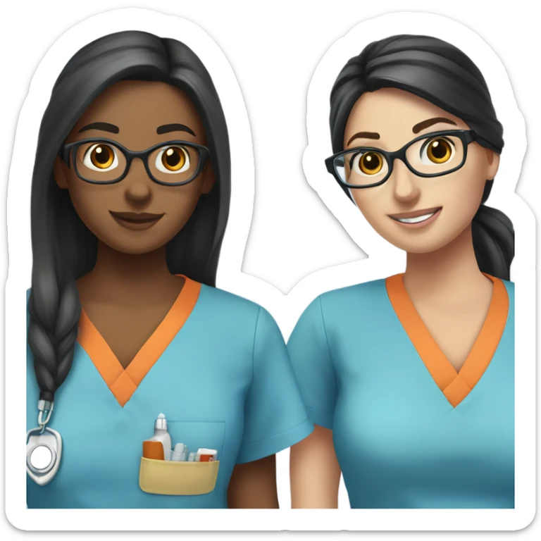 Best friend nurses in blue scrubs one has glasses with long black hair in a pony tail, the other has long dark brown hair with freckles sticker