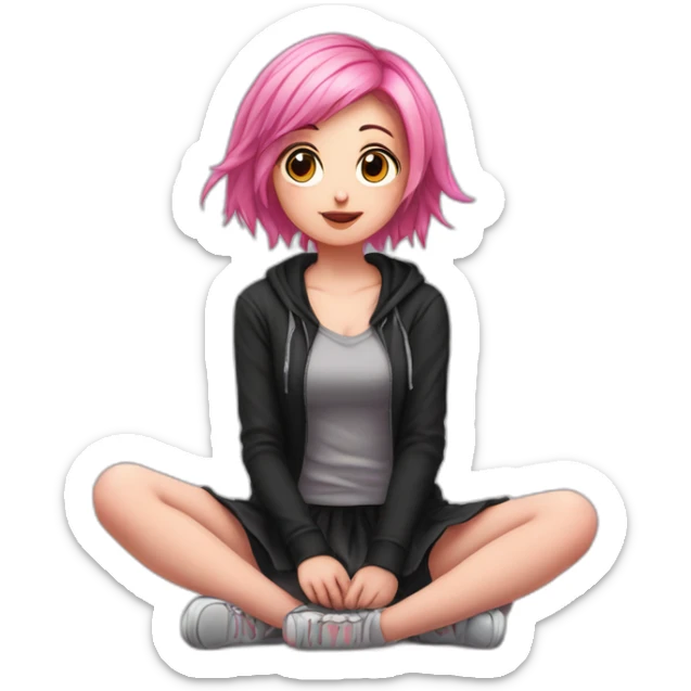 Full body Front view curvy emo girl pink hair sits on the floor straight view hands up black skirt полосатые рваные чулки sticker