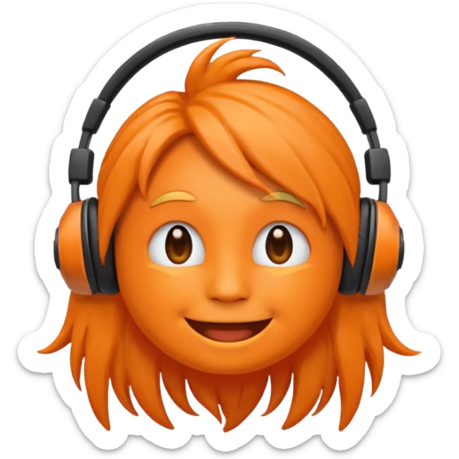 Orange happy face emoji with a couple of hair,headphones,and antennas. sticker
