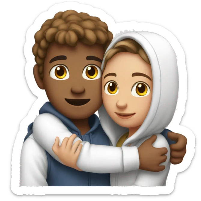 An emoji of a man wearing a white hoodie, standing next to his sister. He is hugging her warmly, showing a close sibling bond sticker