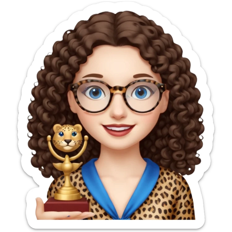 A girl with white pale skin, blue eyes, full lips, brunette LONG curly hair. She has a leopard print round-ish shaped glasses. She is wearing a white plain silk dress. She is holding an award and happy sticker