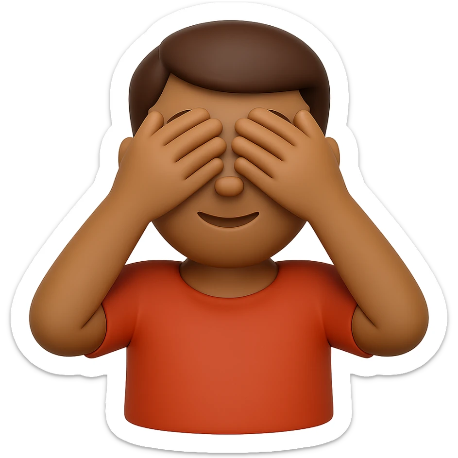 Create a 3D emoji style image of a man closing his eyes, matching the pose, color, shirt, and position of the reference image. The style should resemble Microsoft style 3D fluent emojis with a transparent background. sticker