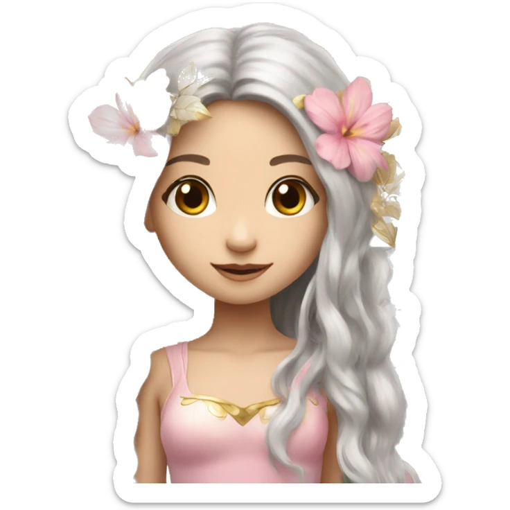 Beautiful, flower, fairy, pink, silver, gold, long hair, big wings, fair skin sticker