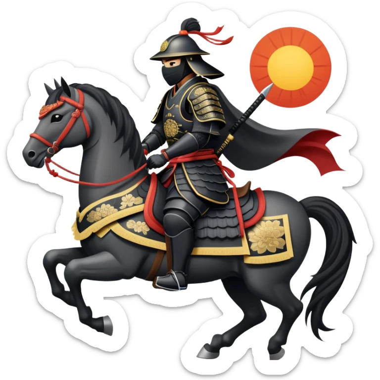 clash-of-clans-aesthetic_-cinematic-fearsome-and-majestic-samurai-bust-portrait-emoji, rendered in a flat, vector-style with minimal shading and bold, simplified shapes typical of emoji art, depicting a battle-hardened samurai with black mask and traditional black Japanese armor. The samurai is riding a noble grey warhorse adorned with an intricately designed saddle and fluttering banners and a rising sun. a zoomed insamurai riding on a  horse sticker