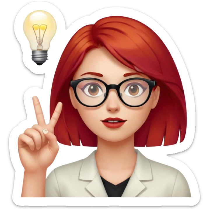 intelligent and clever, 30 year old, girl, red-blood hair, glasses, has an idea and holds her finger in the air, light bulb over the head sticker
