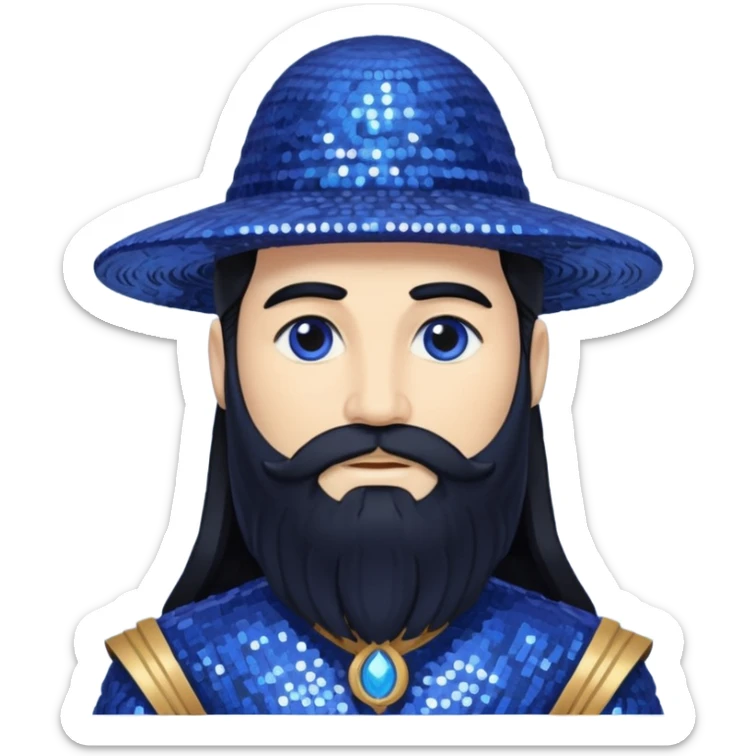 Saturn, God of Time from Gods and Goddesses with long black hair and beard, indigo sequin outfit sticker