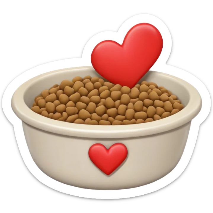 pet food bowl with a heart on the bowl, the food is piled on top of the bowl where it is so full sticker