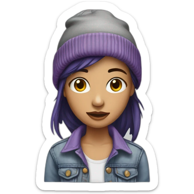 Female in her 20's with dark purple hair wearing a tattered Jean jacket and a gray beanie sticker