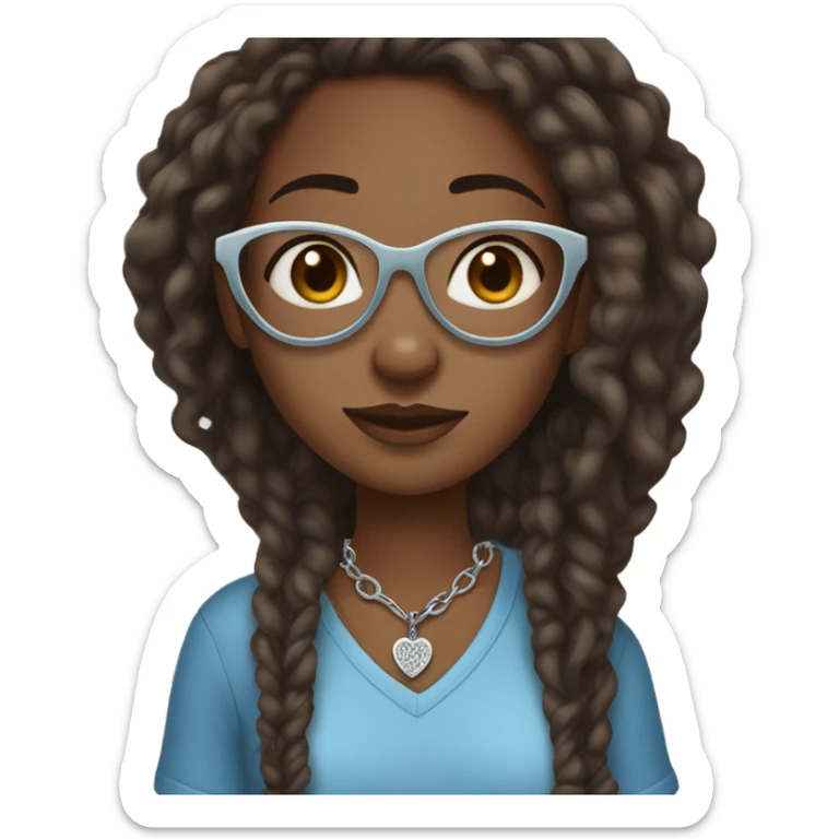 Dark brown skin girl with locs clear framed glasses blue shirt freckles silver necklace with heart  sticker
