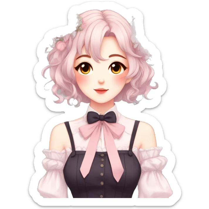 Gorgeous pastel anime style lady with blushing face and flowers and laces and bow ties and pretty hair aesthetic trending style sticker