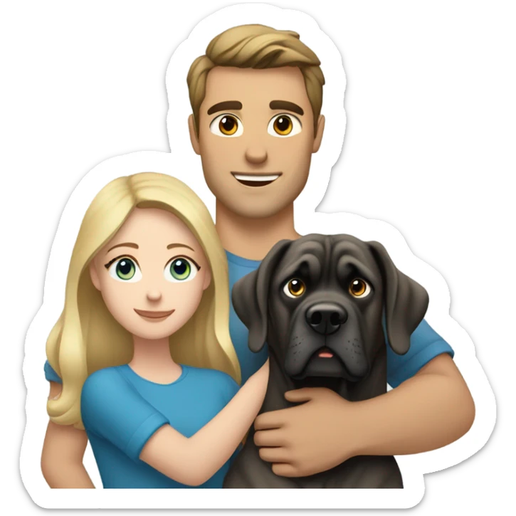 Brunette blue eyed man and blonde blue eyed girl hugging an English mastiff dog sticker