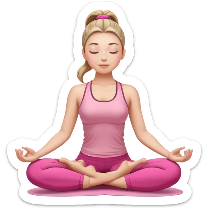 white woman with ponytail hairstyle in lotus position meditation yoga pose, closed eyes, relaxed face, wearing pink yoga outfit sticker