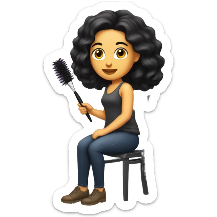 a white woman with black wavy hair sitting on a hair and holding a makeup brush sticker