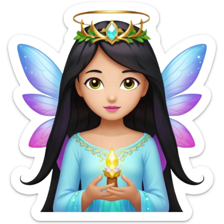 Earthreal sparkly angelic mystical magical shiny pretty Fairy. Dark Brown eyes. Caramel skin. Long black hair. White, hot pink and light blue and lavender and light green and light yellow  sticker