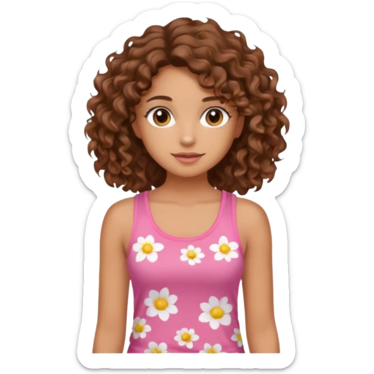 A pretty girl with tan skin and brown wavy curly hair, wearing a floral pink tank top with brown eyes sticker