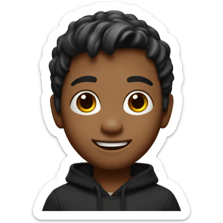 A 3D Memoji of a boy with a friendly expression, wearing a black hoodie and waving while saying "hi". The Memoji should have vibrant and expressive facial features with realistic textures. sticker