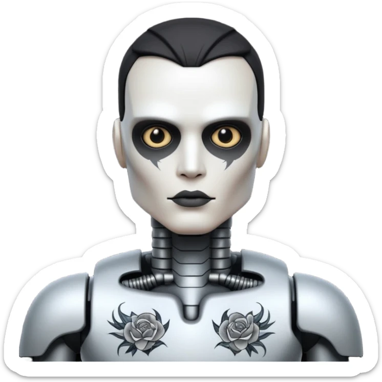 black metal Tatooed robot, big many tatooes on chest, neck and face, white tatoo on face sticker
