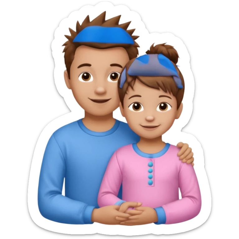 Try another - a smaller toddler girl with brown hair with her hair up, wearing pink pajamas and a bigger 4 year old boy with spikey brown hair, wearing blue pajamas. Both light skin and smiling.  sticker