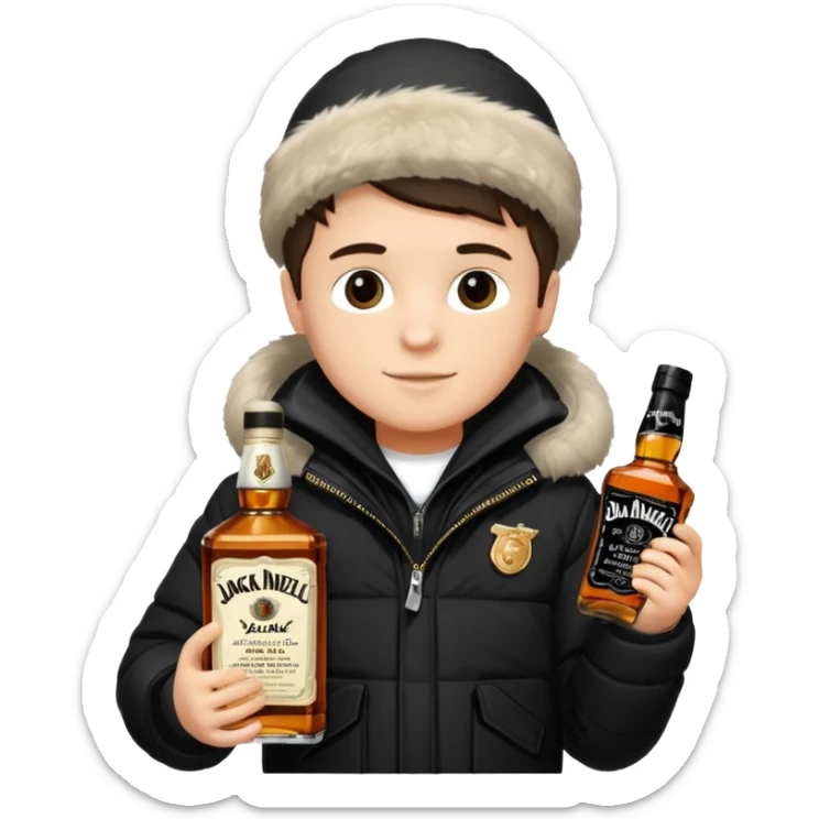 Junge mit Sturmhaube in der Rechten hand eine jacky flasche und schwarze winterjacke mit fell an der mütze 2 meter gross sticker