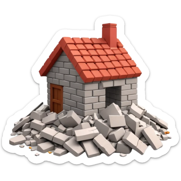 3D iPhone style emoji of a pile of bricks, roof pieces, and wall rubble, scattered and broken, isolated on white background, soft shadows, high detail, playful and cute sticker