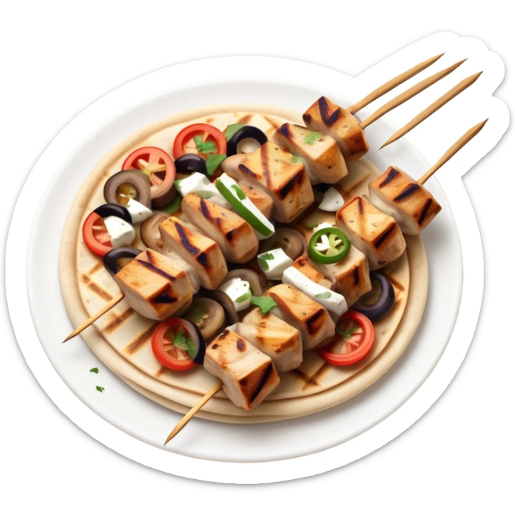 cinematic-realistic-souvlaki-dish-emoji,-showcasing-skewered,-grilled-chicken-with-mediterranean-spices-rendered-with-dynamic-textures-and-warm,-appetizing-lighting on pita bread sticker