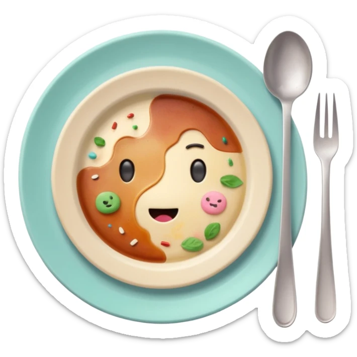 of a dirty plate after eating, leftover food scraps, sauce stains on the plate, small fork and spoon resting on the plate, slightly messy but funny, soft pastel colors, rounded shape, clean background, kawaii style, expressive and playful, high quality, emoji style sticker