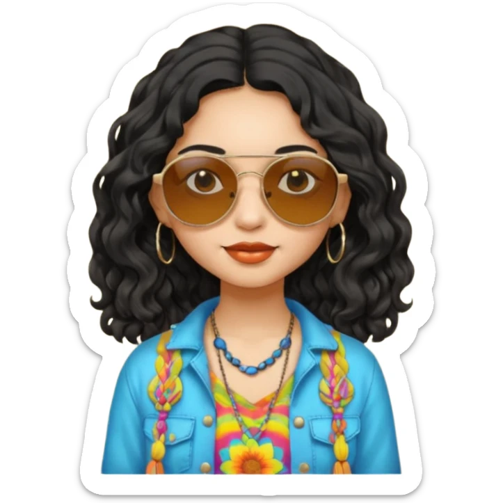 girl in hippies clothes, wearing sunglasses, black wavy hair sticker
