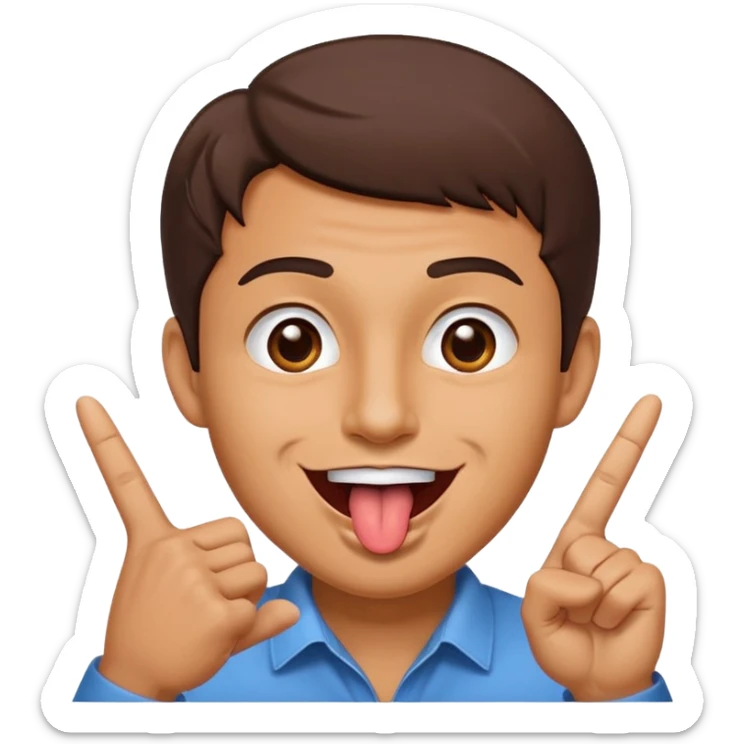 Man making v shape with fingers and tongue sticking out of mouth sticker