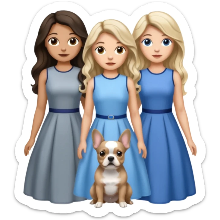 Three women in isolated dresses, brown eyed light skin with dark blonde long hair and Brown eyed light skin black long wavy hair and blue eyed light skin long blonde hair with gray Merle Frenchie sticker