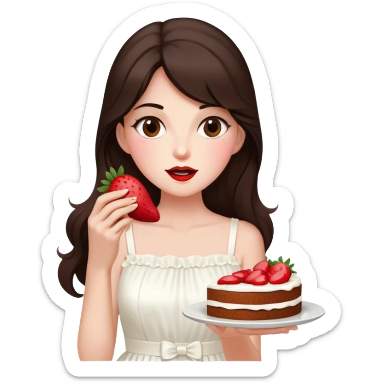 Beautiful woman in 1965’s woman fashion look, white dress, long dark brown hair, strawberry cake sticker