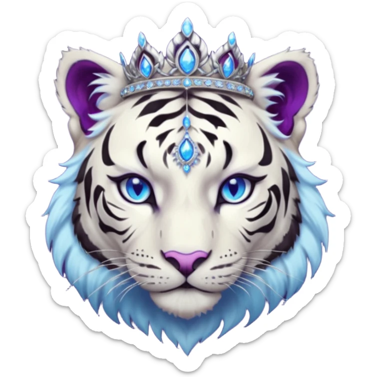 ESO Female white/black tiger khajiit leader of the umbral rose, glowing blue eyes, glowing blue 'third eye' gem; purple gemmed silver tiara sticker