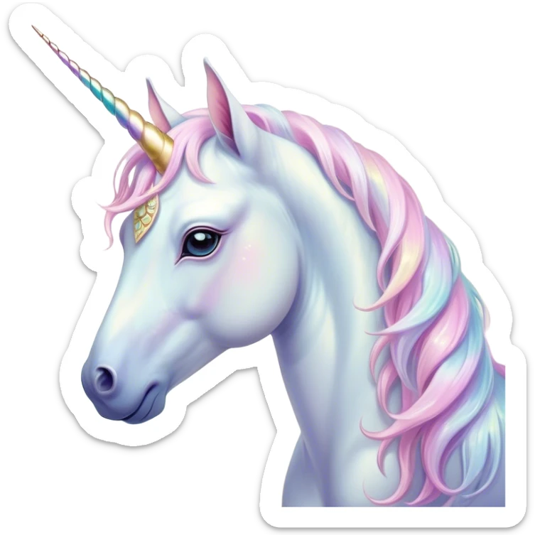 Beautiful and Majestic Unicorn Pony Portrait Emoji, Head and body radiating gentle magic with a soft pastel color, a delicately sparkling horn and eyes gently closed in peaceful wonder, Simplified yet exquisitely endearing features, highly detailed, glowing with a soft, ethereal light, high shine, serene and utterly majestic, stylized with an air of fairy-tale regality, soft glowing outline, capturing the essence of a beautiful and majestic unicorn pony that embodies the enchanting spirit of a dream! sticker