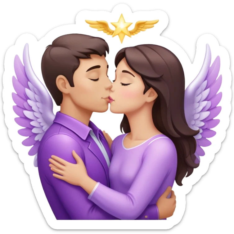 White brunette human man with rays of light Heart kisses a pastel purple angel woman sticker
