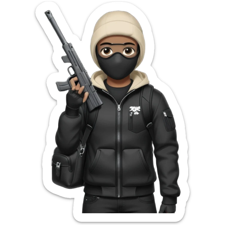 YN wearing a ski mask, holding a gun, all black fit, black jeans, Sprayground bookbag, confident stance sticker