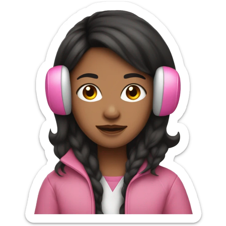 Long black hair brown skin Girl with pink earmuffs and pink coat on  sticker