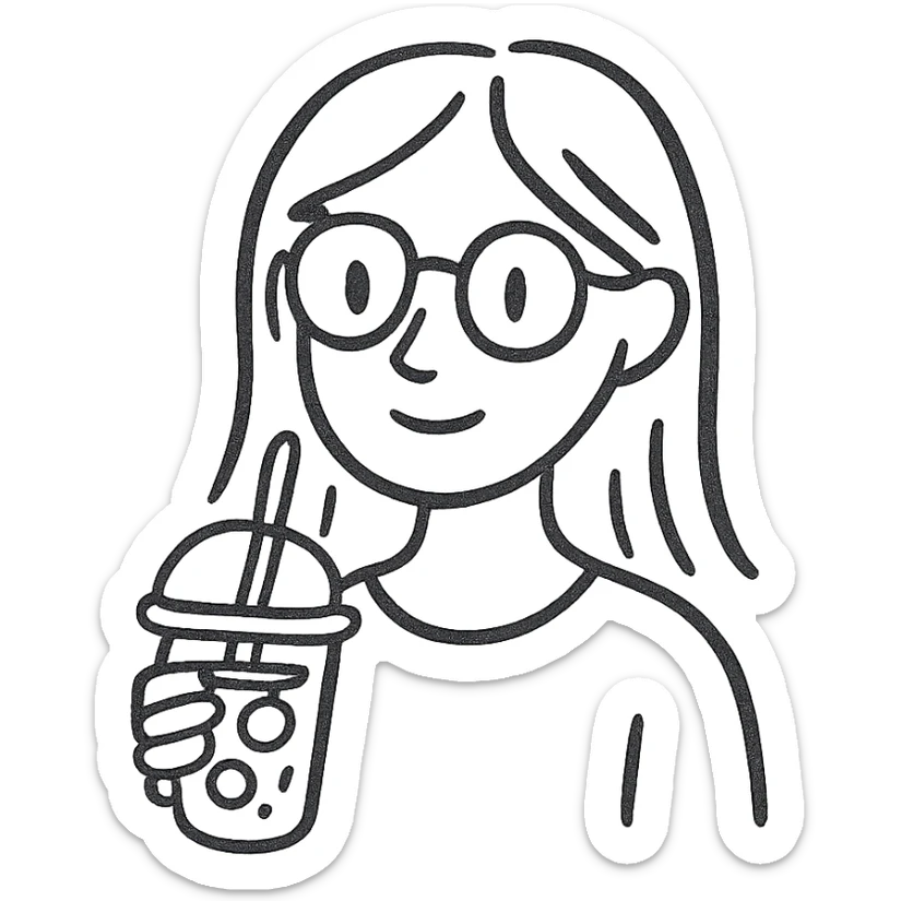 blonde woman with gold glasses holding an iced coffee, hand-drawn style sticker