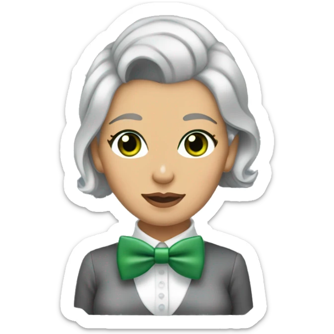 Woman with short slicked back grey hair and green eyes holding a blonde yorkie dog with a bow tie   sticker