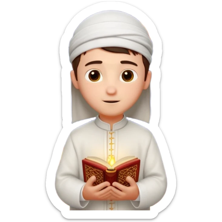 Personnage 3D mignon en style Pixar, un petit garçon portant un qamis blanc et un kufi, tenant un tapis de prière, entouré de lanternes brillantes, fond doux, couleurs chaudes, sticker