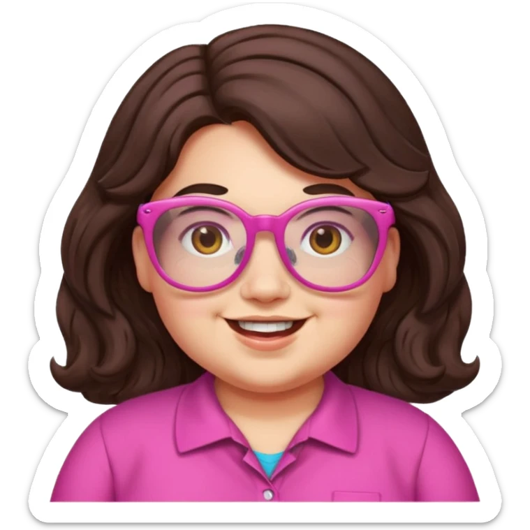 chubby English teacher, happy, wearing pink glasses, wavy long dark brown hair, face only, gamer vibe, classroom background, emoji style, for online classes sticker