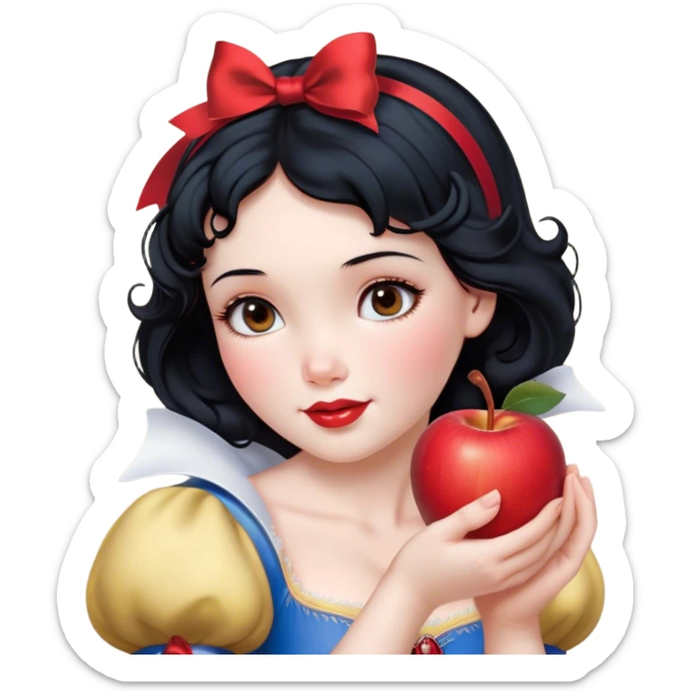 Cinematic Realistic Snow White Portrait, depicted with lifelike skin texture, soft natural lighting, and intricately detailed black hair styled with a red ribbon. Her soft brown eyes radiate innocence and kindness, complemented by a warm, gentle smile. She holds an apple in one hand, her other hand resting against her cheek, embodying her purity and charm. She is dressed in her classic yellow, blue, and red gown, the fabric rich in texture with delicate folds that catch the light beautifully. The portrait features a soft, natural glow with a radiant finish, capturing the essence of timeless beauty in a realistic and painterly style. sticker