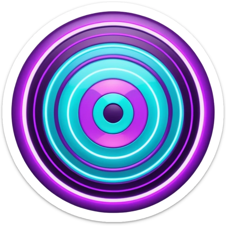 Futuristic glowing bullseye target emoji, neon purple and cyan holographic glow, dark background, digital tech style, abstract sparkles, no face. sticker