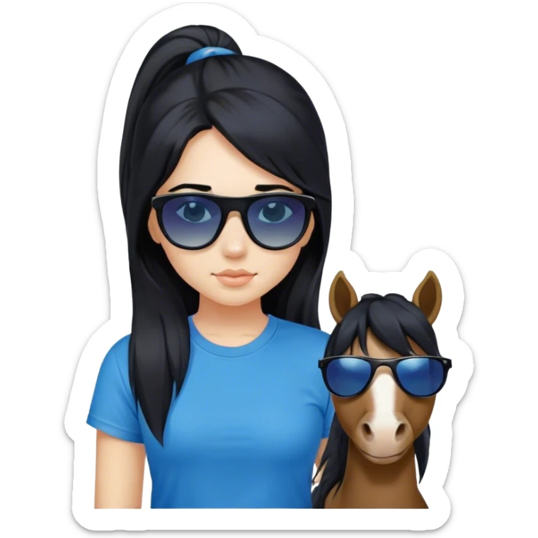 A girl with black long hair with pony, wearing black sunglasses and a blue t-shirt. sticker