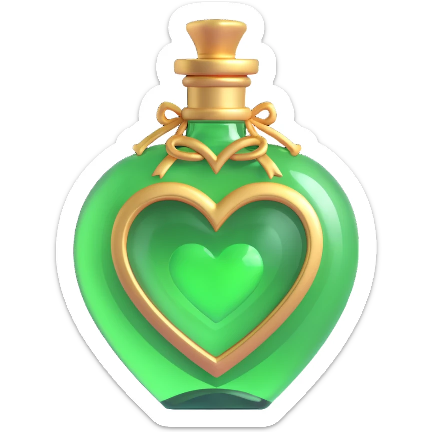 magical heart-shaped bottle, main color #c0ff53 green, with golden details and ornaments, very decorative, 3D effect, stylish and luxurious sticker
