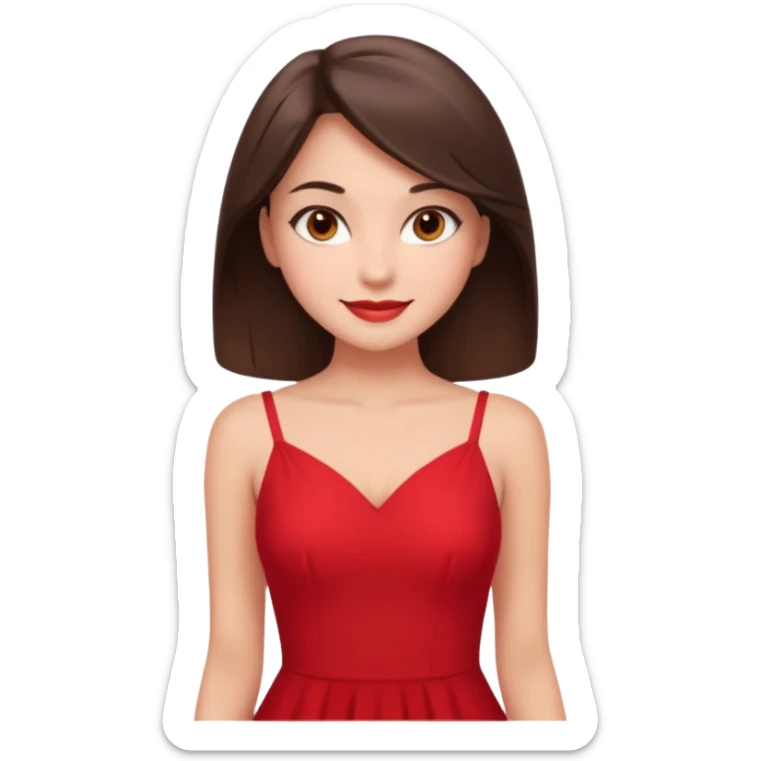 Cartoon emoji of a young brunette woman with fair-medium skin, brown eyes, wearing a red outfit. Full-height, standing confidently in a red dress  posing sexy with a smile and relaxed posture. Smooth, friendly, stylized, make up on, flirty eyes and smile in a sexy position  sticker