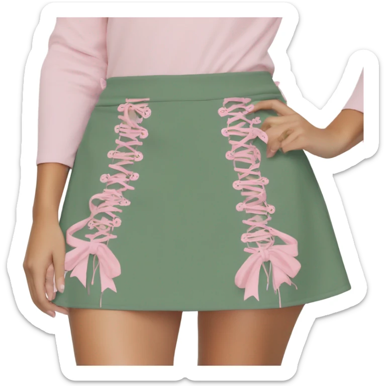 Sage green a-line mini skirt with pink lace up on the sides and bows and embroidery, isolated sticker