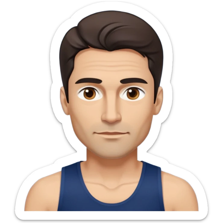 Youthful-looking athletic 40-year-old man with light brown skin, elongated face, defined jawline, attractive features, medium dark eyes, arched eyebrows, straight nose, confident expression, medium wavy dark hair with modern style, wearing a navy blue tank top sticker