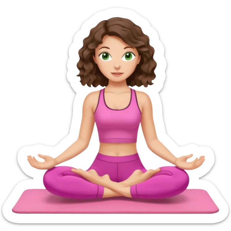 White, green-eyed, brunette cute feminine lady emoji with wavy hair doing pilates wearing pink pilates fit sticker